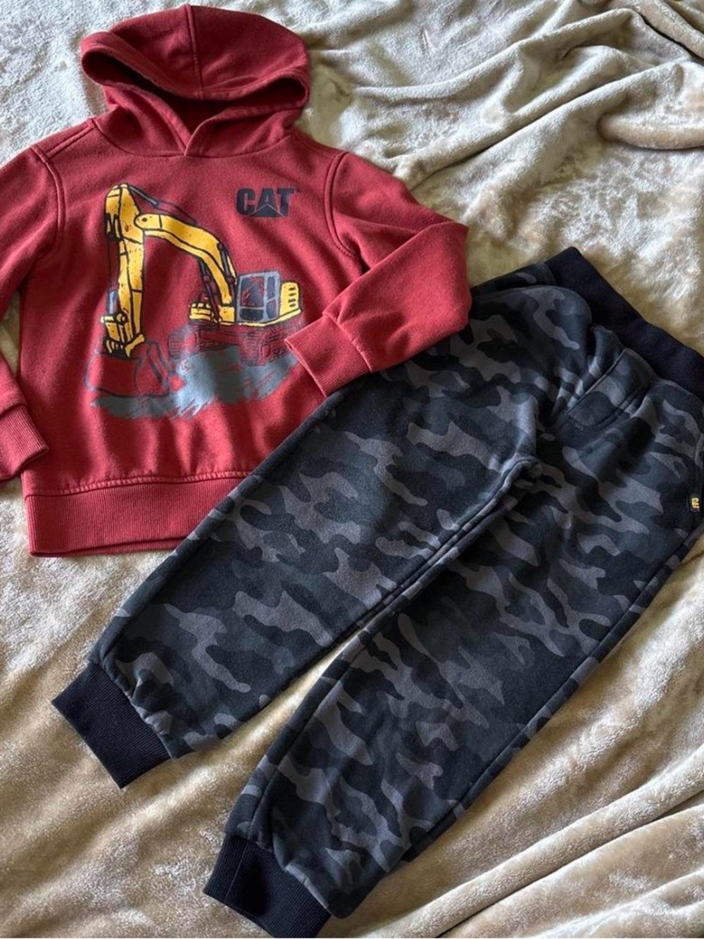 CAT Red Excavator Hoodie with Black Camo Joggers - Kids